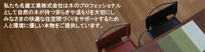 ご挨拶 私たち名建工業は木のプロフェッショナルとして自然の木が持つ安らぎや温もりを大切にし、みなさまの快適な住空間づくりをサポートするため、人と環境に優しい本物をご提供しています。